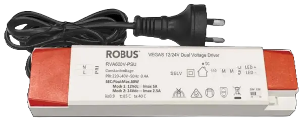 VEGAS 60W 12/24V Dual Voltage Driver Non-Dimmable IP20 c/w Flex & Plug